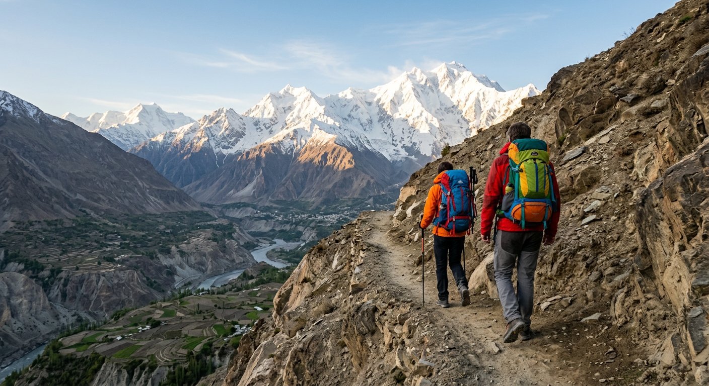 Travelers hiking in Hunza valley
