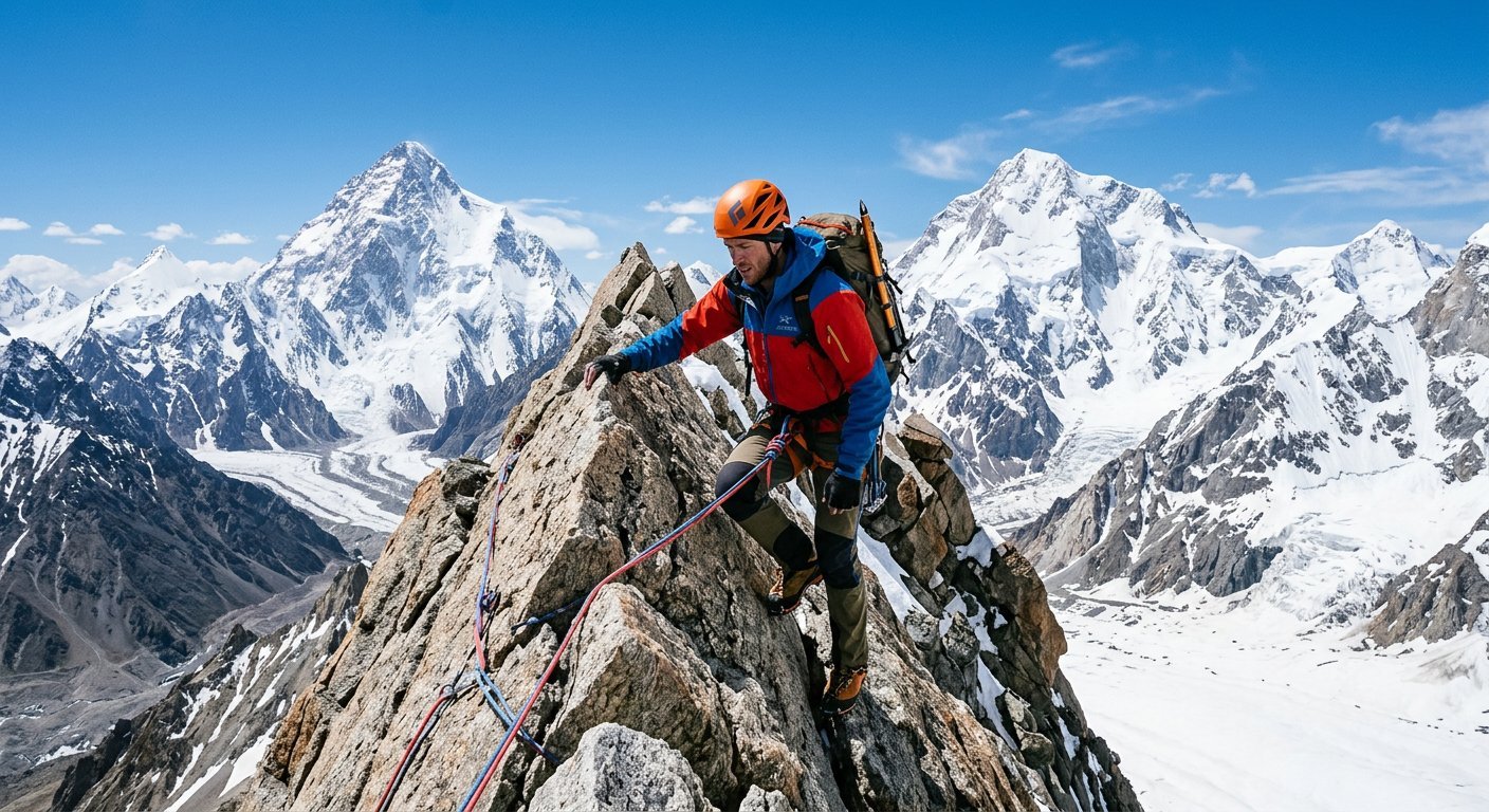 Climber on a Karakoram ridge